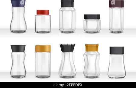Instant Kaffee 10 leer realistische verschiedene Form Glas und Kunststoff Gläser Verpackung Sammlung 3D isolierte Vektor-Illustration Stock Vektor