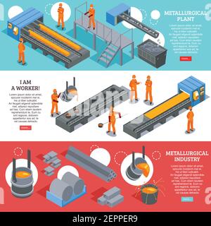 Stahlindustrie metallurgische Anlage Produktionsanlagen 3 isometrische horizontale Banner Webseite Design bunten Hintergrund isoliert Vektor illustratio Stock Vektor