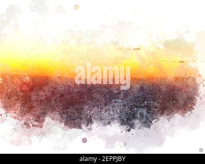 Abstract Fuji Berg Gipfel und Gebäude in der Stadt bei Sonnenaufgang am Abend in Japan auf Aquarell Illustration Malerei Hintergrund. Stockfoto