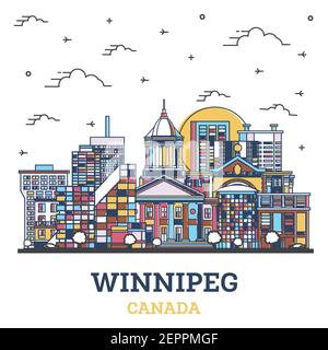 Umreißen Sie die Skyline von Winnipeg Canada mit farbigen historischen Gebäuden, isoliert auf Weiß. Vektorgrafik. Winnipeg Stadtbild mit Wahrzeichen. Stock Vektor