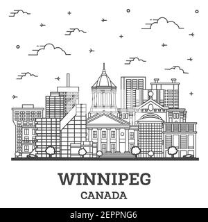 Umrisse Winnipeg Kanada Skyline der Stadt mit modernen Gebäuden isoliert auf Weiss. Vector Illustration. Winnipeg Stadtbild mit Sehenswürdigkeiten. Stock Vektor