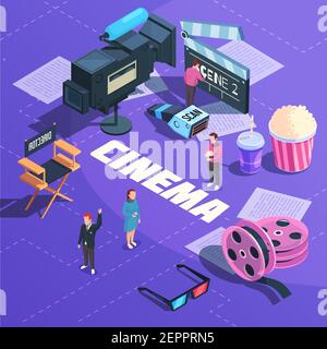 Cinema isometrische Komposition auf lila Hintergrund mit Film-Ausrüstung, Seiten von Skript, Mitarbeiter, Snacks Vektor-Illustration Stock Vektor