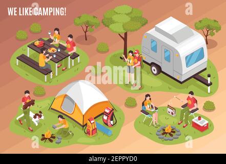 Sommer Camping Wandern Familienurlaub isometrische Set mit Grill Zelt Camper Haustiere offenes Feuer isoliert Vektor Illustration Stock Vektor