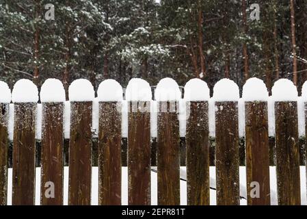 Glatte Schneekappen auf den Holzbohlen des Gartenzauens. Stockfoto