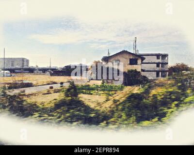 Abstraktes Hausbau und Baumlandschaft in Japan auf Aquarell-Hintergrund. Stadt auf Digital Illustration Pinsel Kunst. Stockfoto
