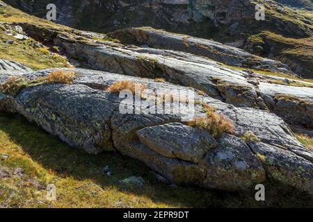 Geologische Merkmale der glatten Felsen bei der Johannishütte. Dorfertal. Venediger Group. Virgental. Österreichische Alpen. Europa Stockfoto