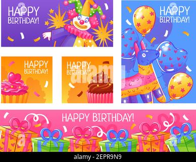 Alles gute zum Geburtstag Gruß Party Einladung lustige Karten Banner Sammlung mit Konfetti Kuchen Ballons präsentiert isolierte Vektor-Illustration Stock Vektor