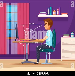 Kinder Haltung Cartoon Komposition mit Innen-und Teenager-Jungen Zeichen sitzen am Computer richtige Position Vektor Illustration Stock Vektor