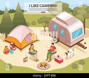 Familie Sommerurlaub Wandern Campingplatz isometrische Webseite Design mit Zelt offenes Feuer Touristen Rucksäcke Vektor Illustration Stock Vektor