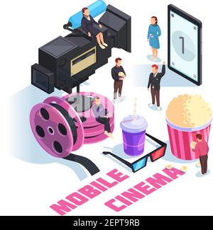 Mobiles Kino isometrisches Konzept auf weißem Hintergrund mit Personal, Smartphone, Camcorder, Filmrolle, Snacks Vektor Illustration Stock Vektor