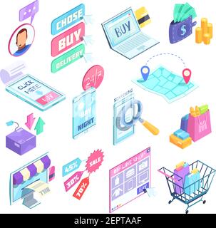Internet-Shopping-Set von isometrischen Symbolen mit der Suche und Auswahl von Produkten, Online-Kauf, isolierte Vektor-Illustration Stock Vektor