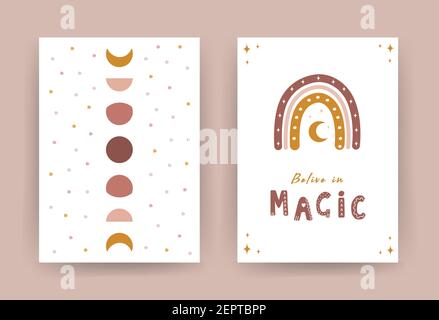 Poster mit abstraktem Regenbogen und Mond. Glauben Sie an Magie. Skandinavisches Design für Tapeten und Wohnkultur. Moderne geometrische Hintergründe. Modern Stock Vektor