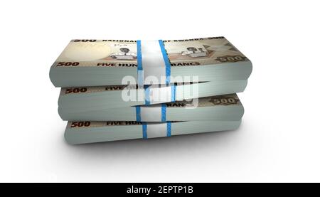 3D Illustration von Ruanda 500 Francs Scheine stapelt Hintergrund Stockfoto