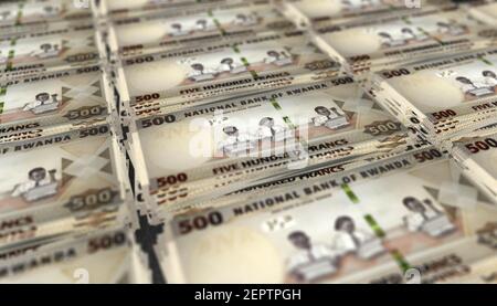 3D Illustration von Ruanda 500 Francs Scheine stapelt Hintergrund Stockfoto