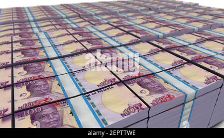 3D Illustration von Nigeria 100 Naira Bills stapelt Hintergrund Stockfoto