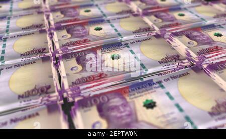 3D Illustration von Nigeria 100 Naira Bills stapelt Hintergrund Stockfoto