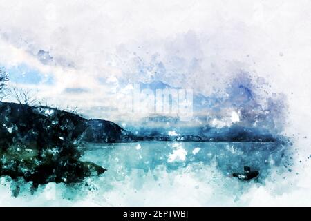 Abstrakt bunte Bergkette und Fluss in Japan auf Aquarell Illustration Malerei Hintergrund. Stockfoto