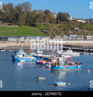 Lyme Regis, Dorset, Großbritannien. Februar 2021, 28th. UK Wetter: Bunte Fischerboote im Hafen am Badeort Lyme Regis an einem Morgen von strahlendem Frühlingssonne und klarem blauen Himmel. Kredit: Celia McMahon/Alamy Live Nachrichten Stockfoto