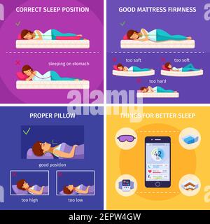 Korrekt schlafen Cartoon 2x2 Zusammensetzung der flachen menschlichen Charaktere und Smartphone-Symbole der Dinge für einen besseren Schlaf Vektor Illustration Stock Vektor