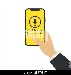 Clubhouse App auf dem Smartphone in den Händen. In der Audio-Chat-App ablegen. Stock Vektor