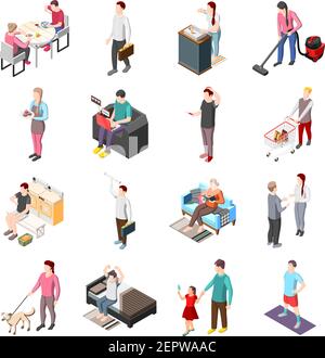 Das Leben der gewöhnlichen Menschen isometrische Symbole mit Männern und gesetzt Frauen in der täglichen Routinearbeit isoliert Vektor Illustration beteiligt Stock Vektor
