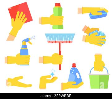 Flache Vektorsymbole reinigen. Sammlung von Reinigungswerkzeugen in der Hand. Stock Vektor