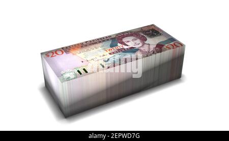 3D Illustration von Dominica 20 Dollar Scheine stapelt Hintergrund Stockfoto