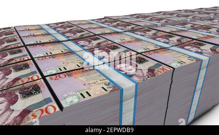 3D Illustration von Dominica 20 Dollar Scheine stapelt Hintergrund Stockfoto