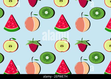 Fruchtmuster mit Pfirsich, Kiwi, Wassermelone, Himbeere auf blauem Hintergrund. Stockfoto