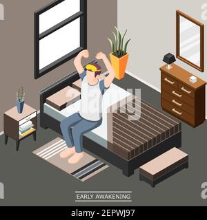 Frühmorgens Erwachen isometrischen Hintergrund mit Stretching Mann sitzt auf Sein Bett nach dem Aufstehen Vektor-Illustration Stock Vektor