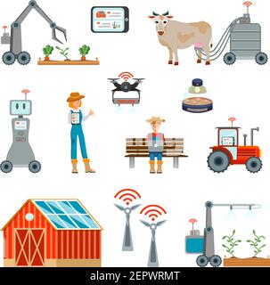 Smart Farming Flat Set mit automatischen Melkrobotern Wind Kraftwerk betrieben mit Wireless Internet isoliert Symbole Vektor-Illustration Stock Vektor