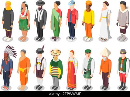 Multinationale Weltkultur isometrische Symbole Satz von sechzehn Zeichen in Bunte einheimische Kostüme isoliert Vektor Illustration Stock Vektor