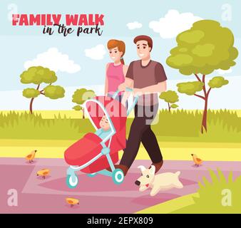 Junge Familie Sommer Wandern im Park mit doggy und schlafen In Kinderwagen Baby Poster Vektor Illustration Stock Vektor