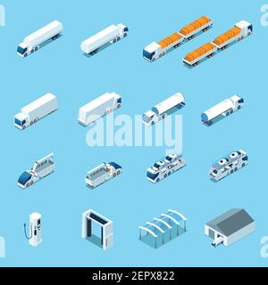 Futuristische Elektrofahrzeuge, Lastwagen und Autos, Ladestation, isometrische Symbole isoliert auf blauem Hintergrund Vektor-Illustration Stock Vektor