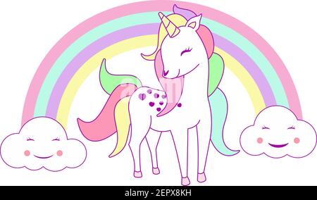 Cute Kawaii Hirsch mit Wolken, Hirsch und Wolken, Vektor-Illustration. Kawaii-Stil Stock Vektor