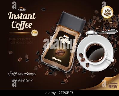 Instant Kaffee realistische Poster mit Tasse guten schwarzen Getränk Und Glas von natürlichen arabica-Vektor-Illustration Stock Vektor