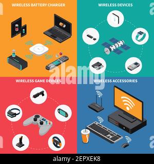 Drahtlose elektronische Geräte isometrisches Design-Konzept mit Ladegerät, Spiel-Ausrüstung, Computer-Zubehör isoliert Vektor-Illustration Stock Vektor
