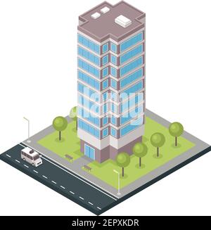 Hohe moderne freistehende Stadtturm Gebäude isometrische Zusammensetzung mit Nebeneinanderliegende Straße und Rasen Vektorgrafik Stock Vektor