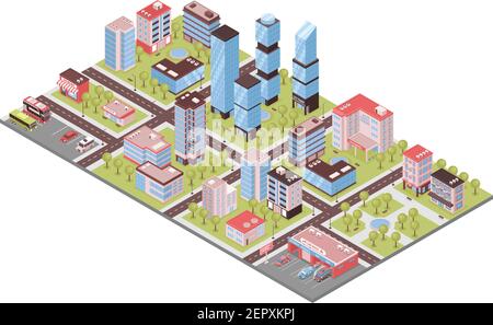 Stadtbezirk isometrische Zusammensetzung mit Business-Center Bürotürme Auto Reparatur Parkplatz speichert Gebäude Vektor Illustration Stock Vektor