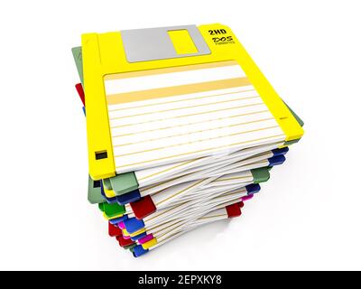 Stapel von bunten Disketten auf weißem Hintergrund Stockfoto