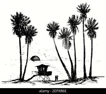 Handgezeichnete Palmen Silhouette am Strand mit Rettungsschwimmer Turm. Verliebte Paare, die den Sonnenuntergang im Meer betrachten. Tinte schwarz-weiß Zeichnung Stockfoto