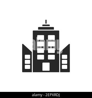 Wohnung Bürogebäude Ikone. Schwarze Gebäudesilhouette. Vektor auf Weiß isoliert Stock Vektor