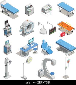 Medizinische Geräte einschließlich Krankenhausbetten mit elektronischen Geräten, mri-Scanner Satz von isometrischen Symbolen isoliert Vektor-Illustration Stock Vektor