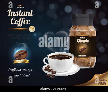Instant-Kaffee-Werbung realistische Zusammensetzung mit Tasse guten schwarzen Kaffee gibt mehr Energie Vektor Illustration Stock Vektor