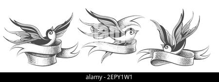 Set von Schwalben mit Band isoliert auf weiß.Vintage-Stil für Tattoo-Design. Vektorgrafik Stock Vektor