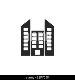 Wohnung Bürogebäude Ikone. Schwarze Gebäudesilhouette. Vektor auf Weiß isoliert Stock Vektor