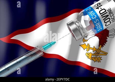 Covid-19, SARS-CoV-2, Coronavirus-Impfprogramm in Amerikanisch-Samoa, Fläschchen und Spritze - 3D Abbildung Stockfoto