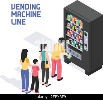 Die Leute stehen vor dem Automaten und verkaufen Snacks Getränke erfrischende Sommergetränke isometrische Vektor-Illustration Stock Vektor