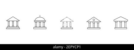 Gebäude mit Säulen skizzieren Sammlung. Zeile für Banksymbol festgelegt. Universität schwarz Symbol Gruppe. Vektor auf Weiß isoliert Stock Vektor