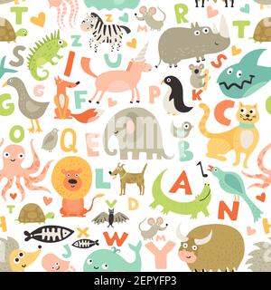 Kinder zuerst abc nahtlose Muster mit Kindern Lieblings lustige Tiere Bilder für jedes Alphabet Buchstaben Vektor Illustration Stock Vektor